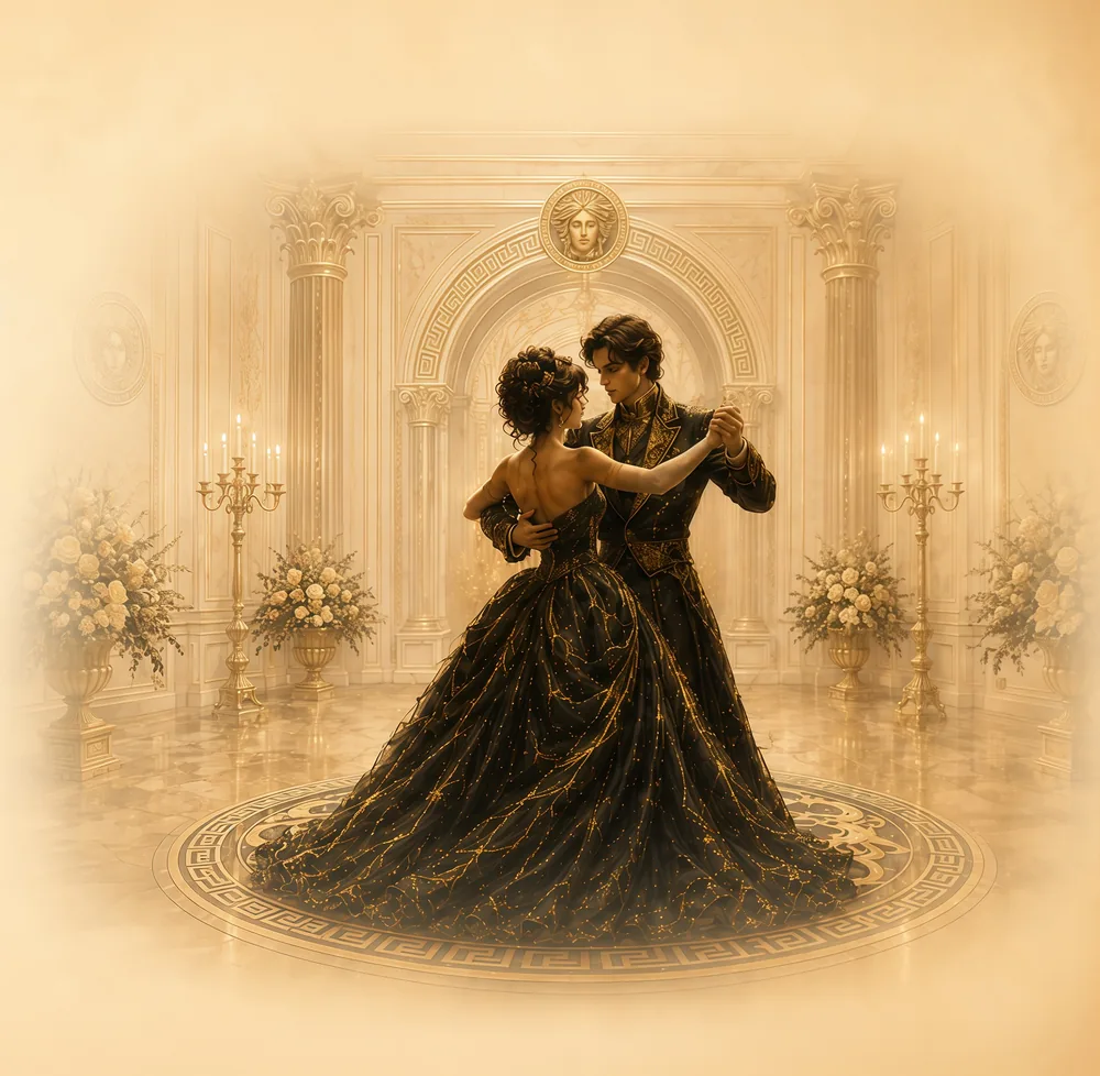 A couple dancing in black beneath chandeliers on the sangeet night